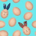 Seamless pattern made of photos of henÃ¢â¬â¢s eggs with eggshell texture. Some eggs have Easter bunny funny faces and textile ears.